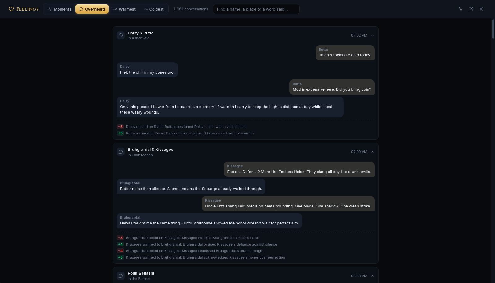 The Overheard archive with conversations opened: Daisy and Rutta in Ashenvale trading lines about cold rocks and a pressed flower from Lordaeron, and Bruhgrardal and Kissagee in Loch Modan arguing about a company called Endless Defense. Beneath each exchange, the feelings it caused, scored and explained.