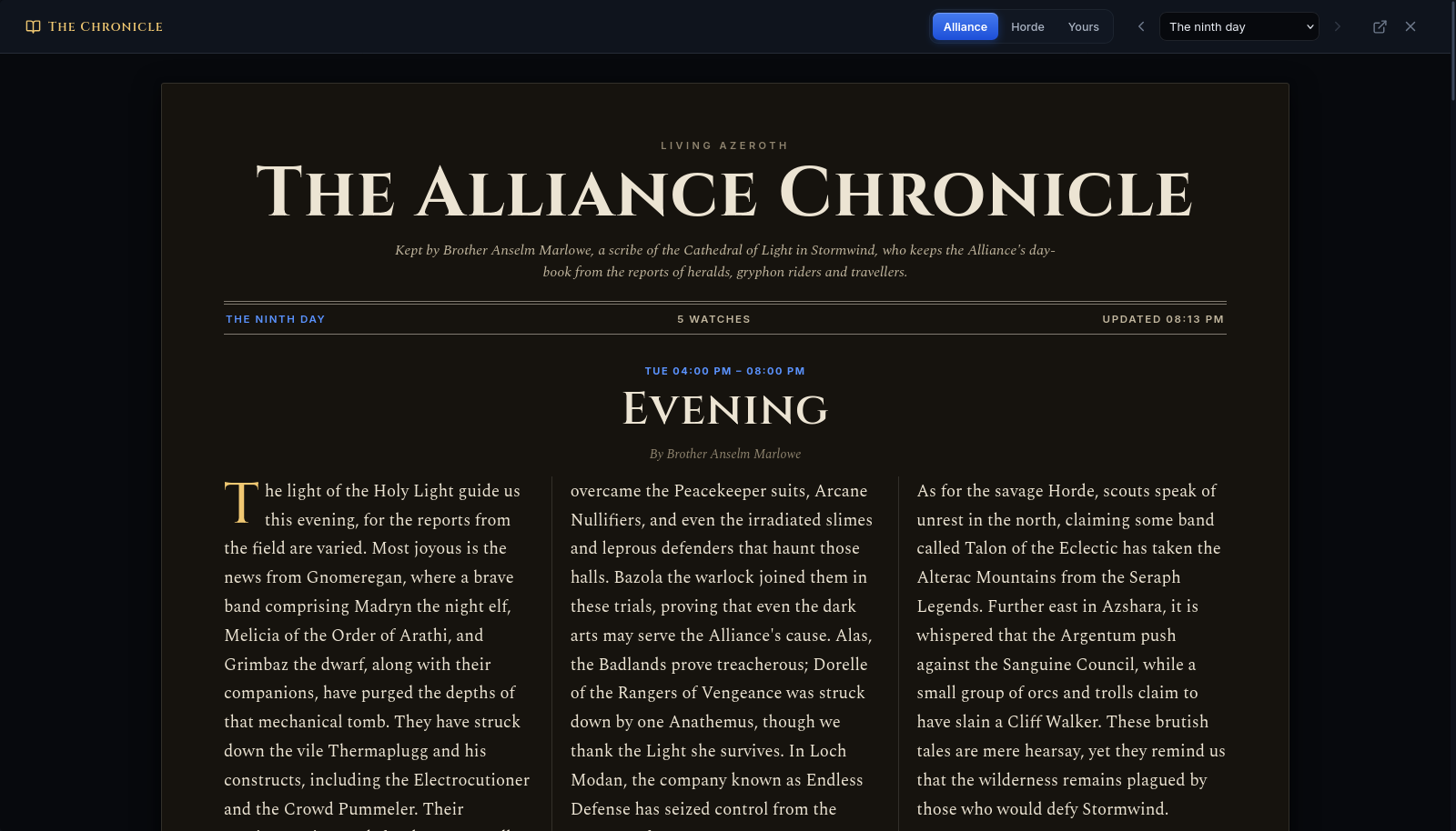 The chronicle reader: a masthead reading The Alliance Chronicle, the scribe's byline, and three columns of prose describing events in Gnomeregan and the Badlands.