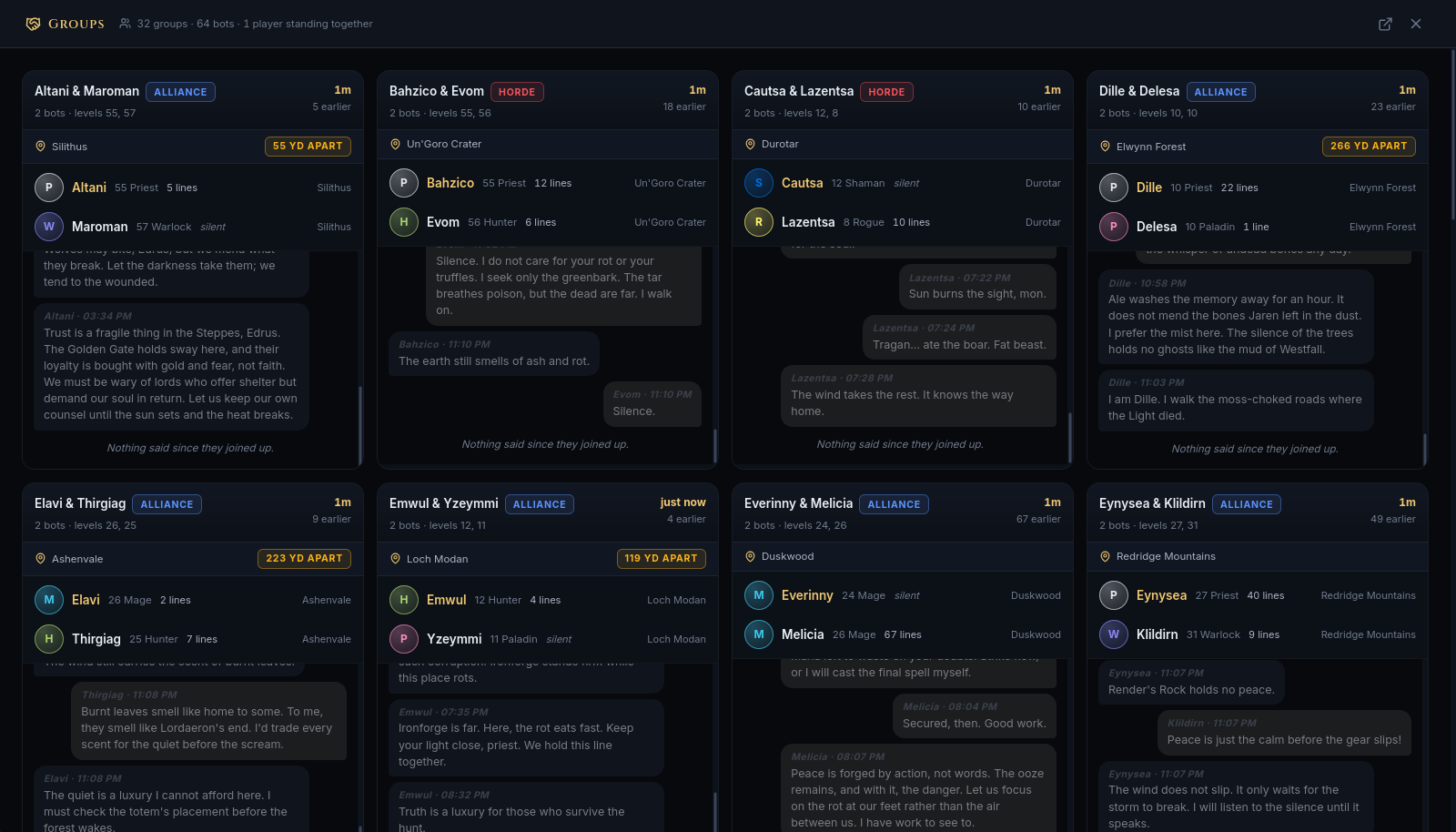 A grid of eight group cards, each with member names, faction badges, location, distance apart, and a transcript of party chat.