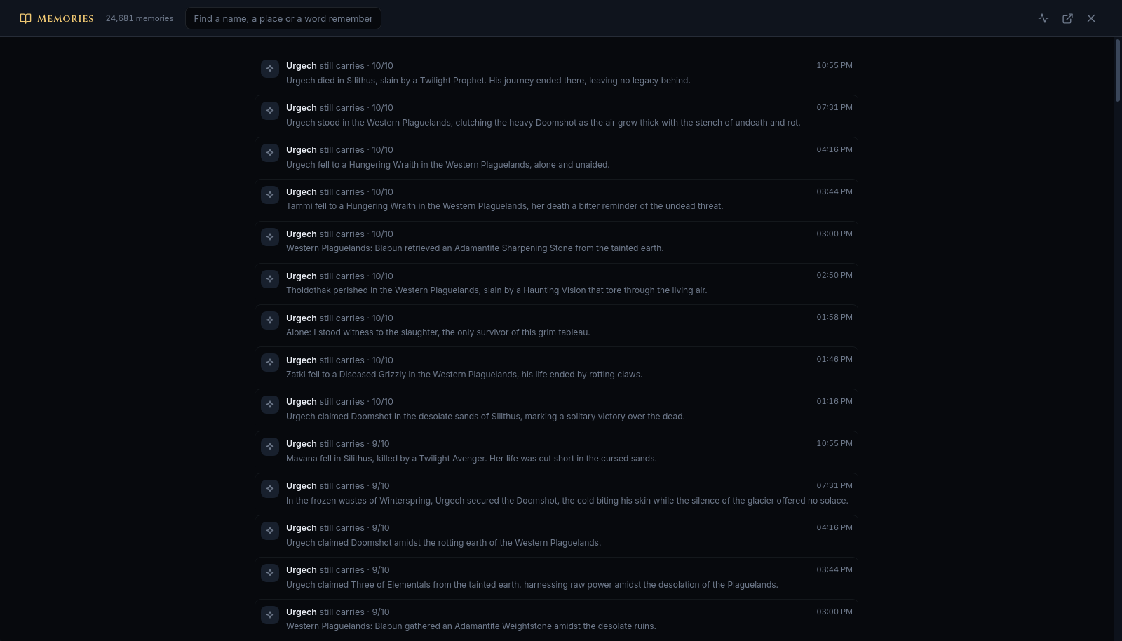 The Memories archive listing memories attributed to individual characters, each weighted out of ten and written in prose.
