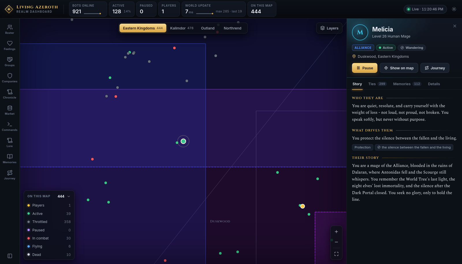 The inspector open on Melicia, a level 26 human mage, showing the Story tab with sections headed Who they are, What drives them, and Their story.