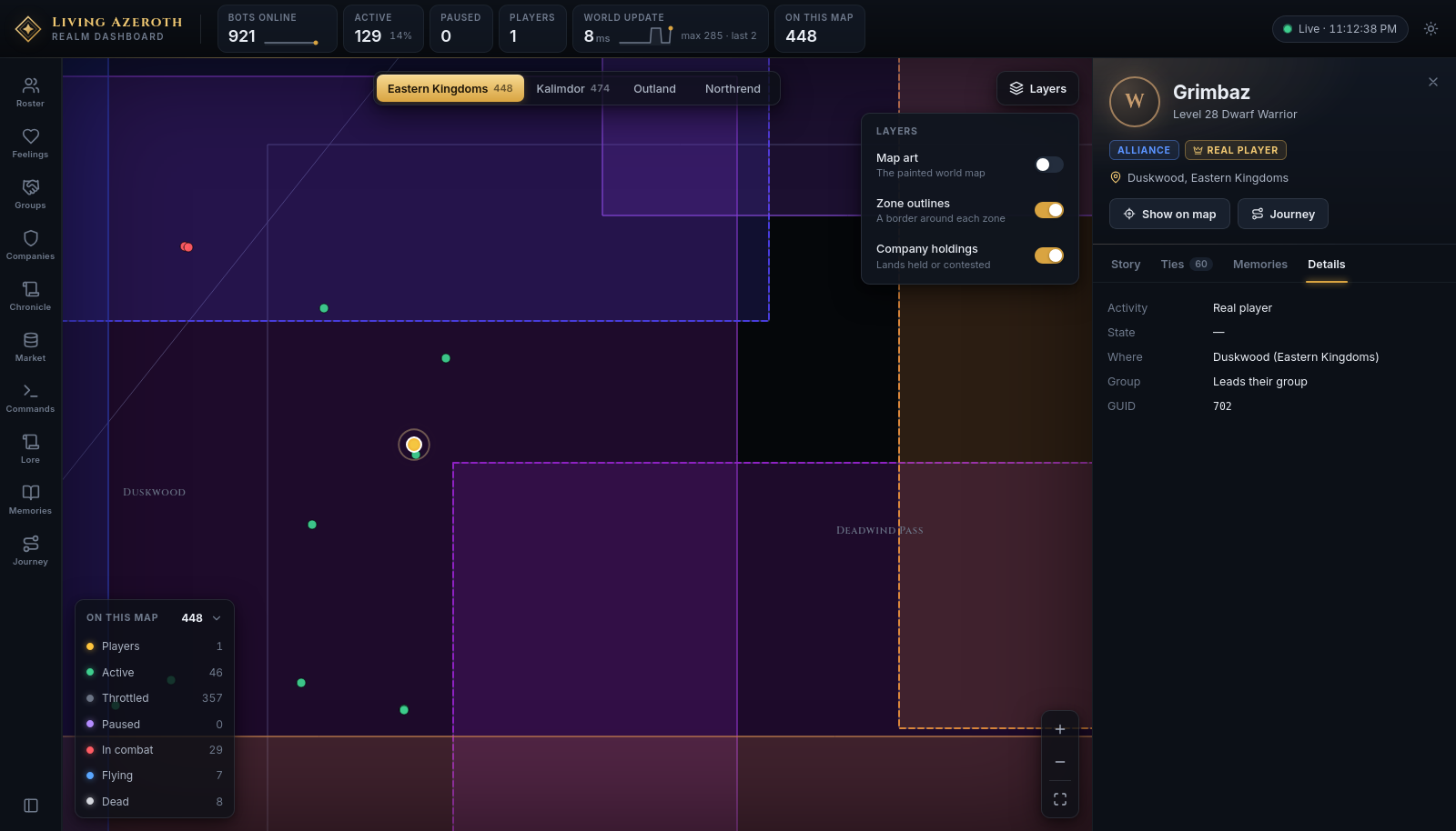 The Layers popover open over the map, showing three toggle switches: Map art off, Zone outlines on, Company holdings on.
