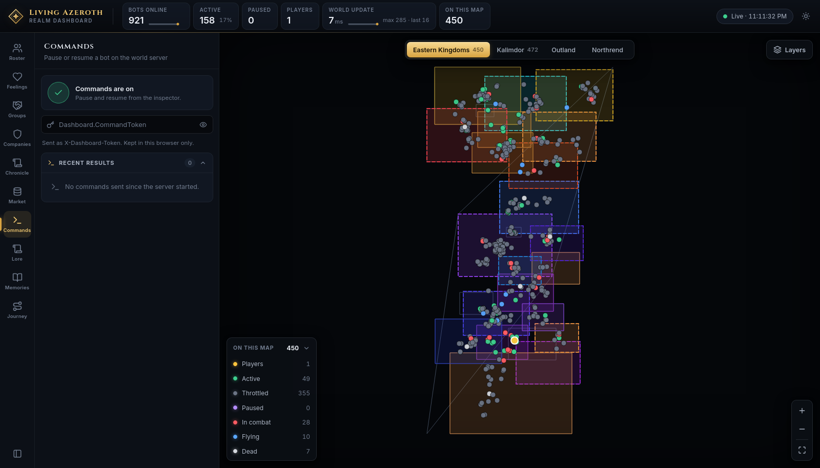 The Commands panel showing whether commands are on, a token field, and a list of recent results.