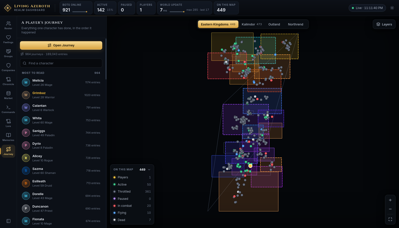 The Journey panel with a search box and a list of characters, each showing their level, class and number of entries.