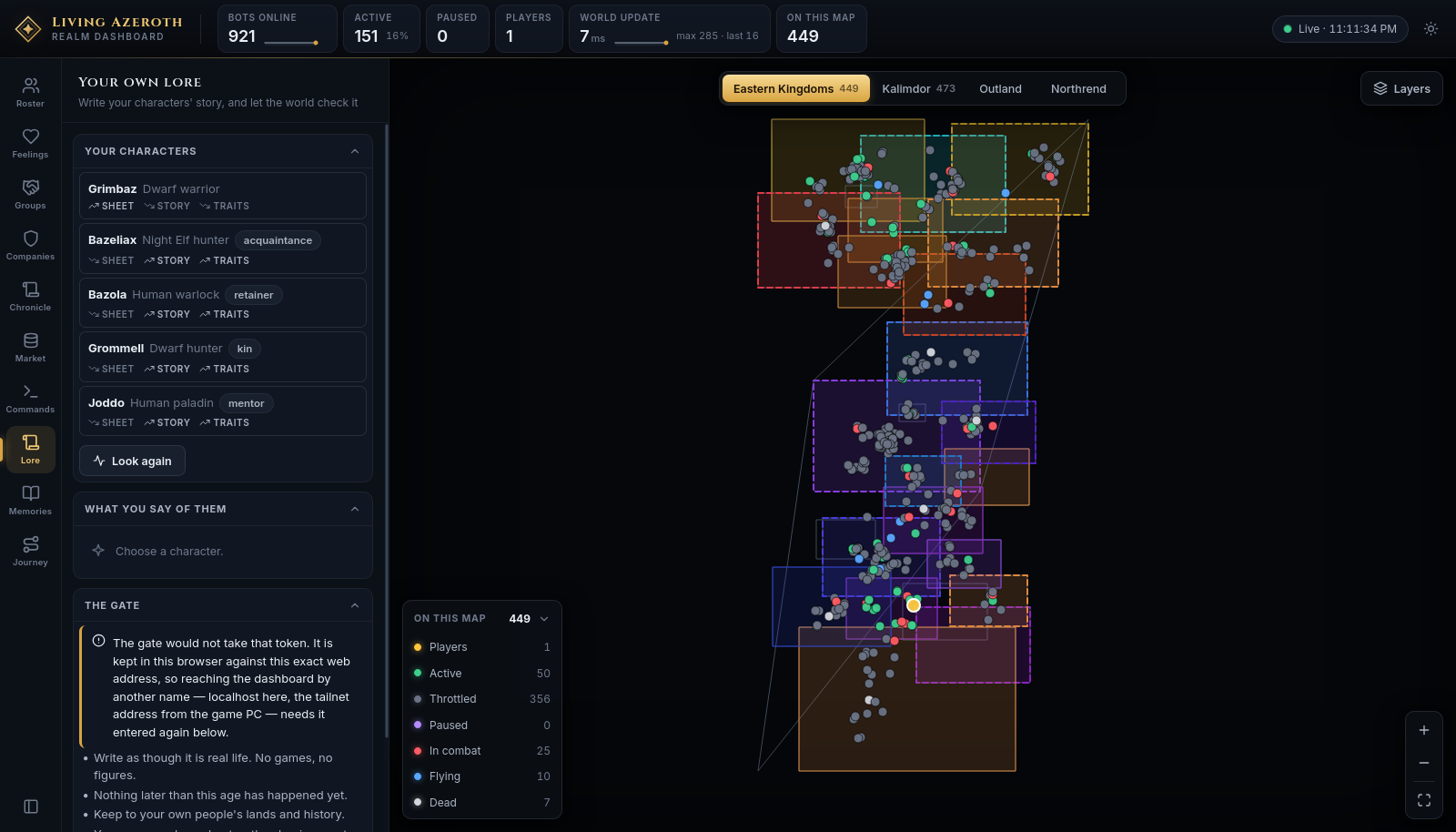 The Lore panel listing the player's characters with bond kinds, a Look again button, and the gate's four rules.